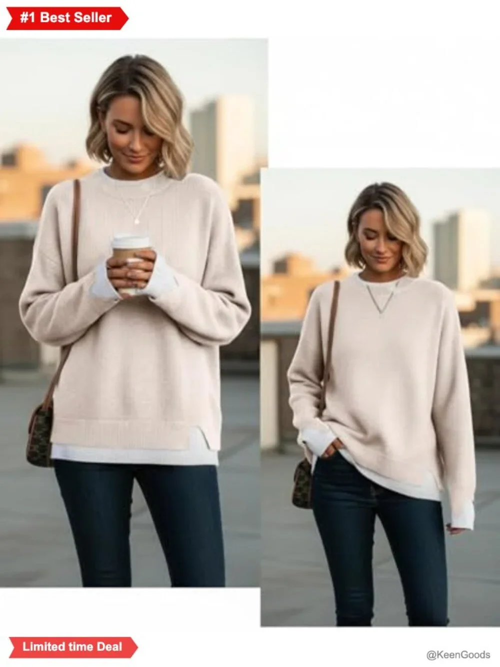 Womens Oversized Cut-Out Knit Sweater Crew Neck Pullover for Fall Winter